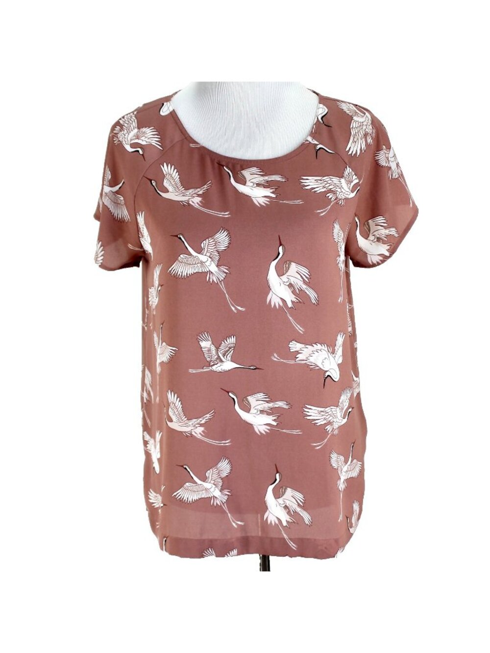 Loft Outlet Bird Blouse Womens Size M Pink White Short Sleeve Polyester Top